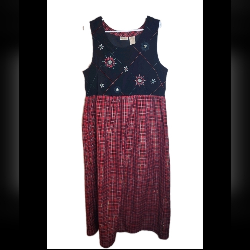 Vintage Bobbie Brooks Plaid Metallic Holiday Jumper Dress Size L